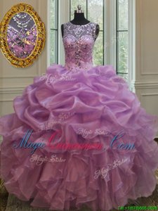High Class See Through Scoop Sleeveless Lace Up Quince Ball Gowns Lilac Organza