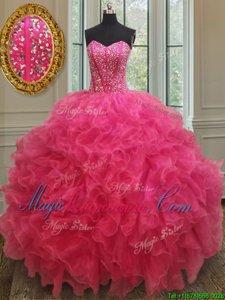 Beauteous Hot Pink Sleeveless Beading and Ruffles Floor Length Quince Ball Gowns