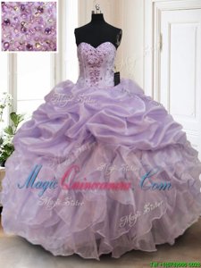 Comfortable Lavender Sweetheart Neckline Beading and Ruffles Quinceanera Gowns Sleeveless Lace Up