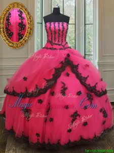 New Arrival Tulle Strapless Sleeveless Lace Up Beading and Appliques Quinceanera Dress in Black and Hot Pink