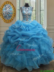 Amazing Pick Ups See Through Scoop Sleeveless Lace Up Quinceanera Dress Baby Blue Organza