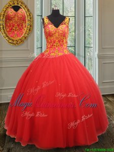 Rust Red 15 Quinceanera Dress Military Ball and Sweet 16 and Quinceanera and For with Beading and Appliques V-neck Sleeveless Zipper