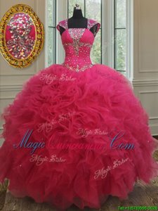 Modest Hot Pink Tulle Lace Up Square Cap Sleeves Floor Length Quince Ball Gowns Beading and Ruffles