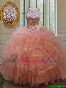 Hot Sale See Through Peach Scoop Neckline Beading and Ruffles 15 Quinceanera Dress Sleeveless Lace Up