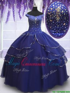 Off the Shoulder Sequins Ruffled Royal Blue Sleeveless Organza Lace Up Vestidos de Quinceanera for Military Ball and Sweet 16 and Quinceanera