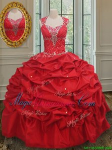Custom Designed Straps Cap Sleeves Taffeta Ball Gown Prom Dress Beading and Pick Ups Lace Up