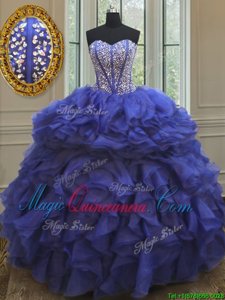 Customized Royal Blue Sleeveless Organza Lace Up Quinceanera Gowns for Military Ball and Sweet 16 and Quinceanera