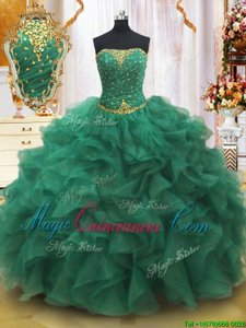 Fitting Sleeveless Floor Length Beading and Ruffles Lace Up Quinceanera Dresses with Dark Green
