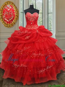 Sweet Sequins Pick Ups Ruffled Floor Length Ball Gowns Sleeveless Red Vestidos de Quinceanera Lace Up
