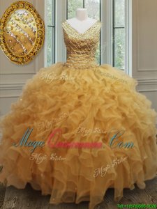 Gold Sweet 16 Dresses Military Ball and Sweet 16 and Quinceanera and For with Beading and Ruffles V-neck Sleeveless Zipper