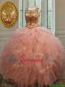 Scoop See Through Peach Sleeveless Tulle Lace Up Ball Gown Prom Dress for Military Ball and Sweet 16 and Quinceanera