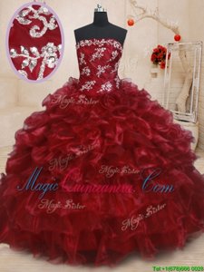 Burgundy Strapless Neckline Beading and Ruffles and Ruffled Layers Ball Gown Prom Dress Sleeveless Lace Up