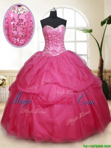 Modest Hot Pink Ball Gowns Tulle Sweetheart Sleeveless Beading and Ruffles and Sequins Floor Length Lace Up 15 Quinceanera Dress