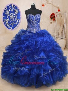 Top Selling Royal Blue Sleeveless Organza Brush Train Lace Up 15th Birthday Dress for Military Ball and Sweet 16 and Quinceanera