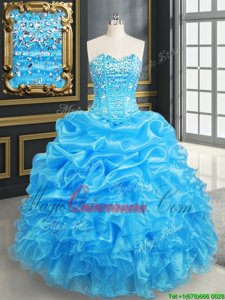 Sleeveless Organza Floor Length Lace Up Quinceanera Gowns in Baby Blue for with Beading and Ruffles and Pick Ups