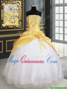 Yellow And White Sleeveless Floor Length Beading and Pick Ups and Hand Made Flower Lace Up Quince Ball Gowns