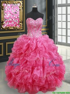 Stunning Sleeveless Organza Floor Length Lace Up Ball Gown Prom Dress in Hot Pink for with Beading and Ruffles