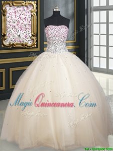Strapless Sleeveless 15 Quinceanera Dress Floor Length Beading Champagne Tulle