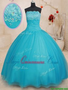 Scalloped Floor Length Lace Up Quinceanera Gown Aqua Blue and In for Military Ball and Sweet 16 and Quinceanera with Beading