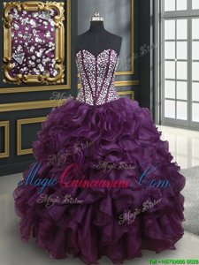 Attractive Floor Length Dark Purple Quinceanera Gown Organza Sleeveless Beading and Ruffles