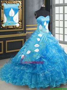 Traditional Sleeveless With Train Embroidery and Ruffled Layers Lace Up Sweet 16 Dresses with Baby Blue Brush Train