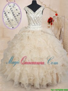 Top Selling Champagne Zipper Ball Gown Prom Dress Beading and Ruffles and Sequins Cap Sleeves Floor Length