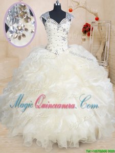 Straps Straps Cap Sleeves Floor Length Beading and Ruffles Zipper 15th Birthday Dress with Champagne