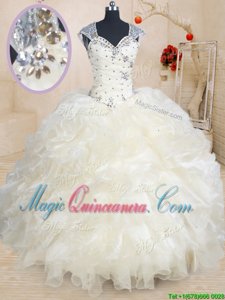Straps Straps Cap Sleeves Floor Length Beading and Ruffles Zipper 15th Birthday Dress with Champagne
