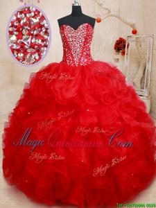 Sweetheart Sleeveless Sweet 16 Dresses Floor Length Beading and Ruffles Red Organza