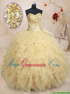 Champagne Lace Up Sweetheart Beading and Ruffles and Sequins Quince Ball Gowns Organza Sleeveless