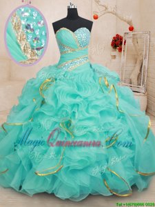 Luxury Sleeveless Organza Floor Length Lace Up 15th Birthday Dress in Apple Green for with Beading and Ruffles and Sequins