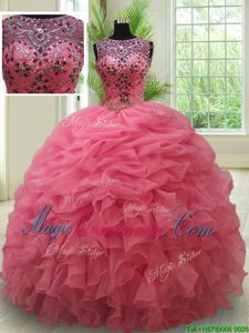Scoop See Through Floor Length Pink 15th Birthday Dress Organza Sleeveless Beading and Ruffles and Pick Ups