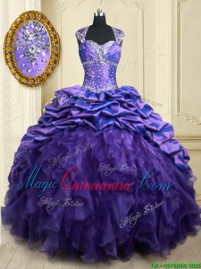 Glamorous Straps Straps Purple Cap Sleeves Brush Train Beading and Ruffles and Pick Ups 15 Quinceanera Dress