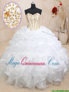 White Lace Up Quince Ball Gowns Beading and Ruffles Sleeveless Floor Length