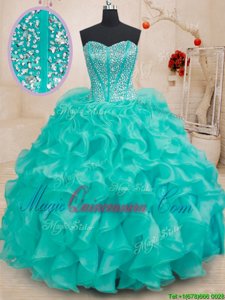 Sleeveless Organza Floor Length Lace Up Sweet 16 Dress in Turquoise for with Beading and Ruffles