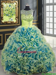 Scoop See Through Yellow Green Fabric With Rolling Flowers Lace Up Quinceanera Gown Sleeveless Brush Train Beading and Sequins