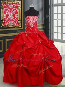 Pick Ups Floor Length Ball Gowns Sleeveless Red Quinceanera Dresses Lace Up