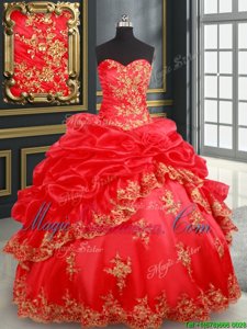 Perfect Sweetheart Sleeveless Quinceanera Gown Floor Length Beading and Appliques and Pick Ups Red Satin and Organza