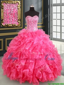 Colorful Hot Pink Ball Gowns Beading and Ruffles and Sequins Vestidos de Quinceanera Lace Up Organza Sleeveless Floor Length