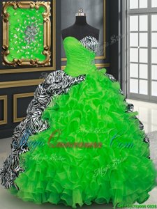Hot Selling Printed Sleeveless Beading and Ruffles and Pick Ups Lace Up Quinceanera Dress with Brush Train