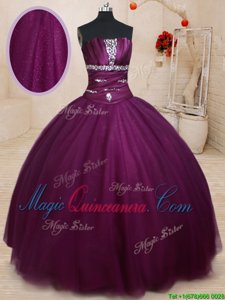Tulle Strapless Sleeveless Lace Up Beading Ball Gown Prom Dress in Dark Purple
