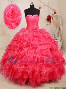 Beauteous Sequins Sweetheart Sleeveless Lace Up Quince Ball Gowns Coral Red Organza