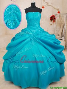 Teal 15th Birthday Dress Military Ball and Sweet 16 and Quinceanera and For with Appliques Strapless Sleeveless Lace Up