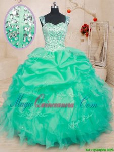 Colorful Pick Ups Floor Length Turquoise Quinceanera Dresses Straps Sleeveless Lace Up