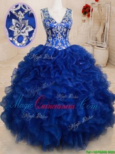 Luxurious Royal Blue Organza Backless Sweet 16 Dresses Sleeveless Floor Length Beading and Embroidery and Ruffles