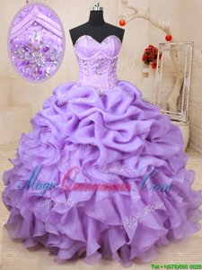 Traditional Organza Sweetheart Sleeveless Lace Up Beading and Ruffles and Pick Ups Sweet 16 Dress in Lavender