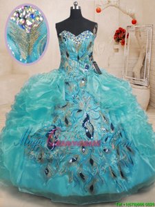 Modest Teal Quinceanera Gown Military Ball and Sweet 16 and Quinceanera and For with Beading and Embroidery and Ruffles Sweetheart Sleeveless Zipper