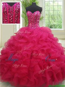 Dramatic Fuchsia Sleeveless Floor Length Beading and Ruffles Lace Up Vestidos de Quinceanera