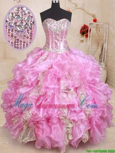 Organza Sweetheart Sleeveless Lace Up Beading and Ruffles and Sequins 15th Birthday Dress in Lilac