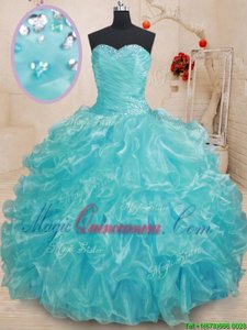Fashion Ball Gowns Quinceanera Dresses Aqua Blue Sweetheart Organza Sleeveless Floor Length Lace Up